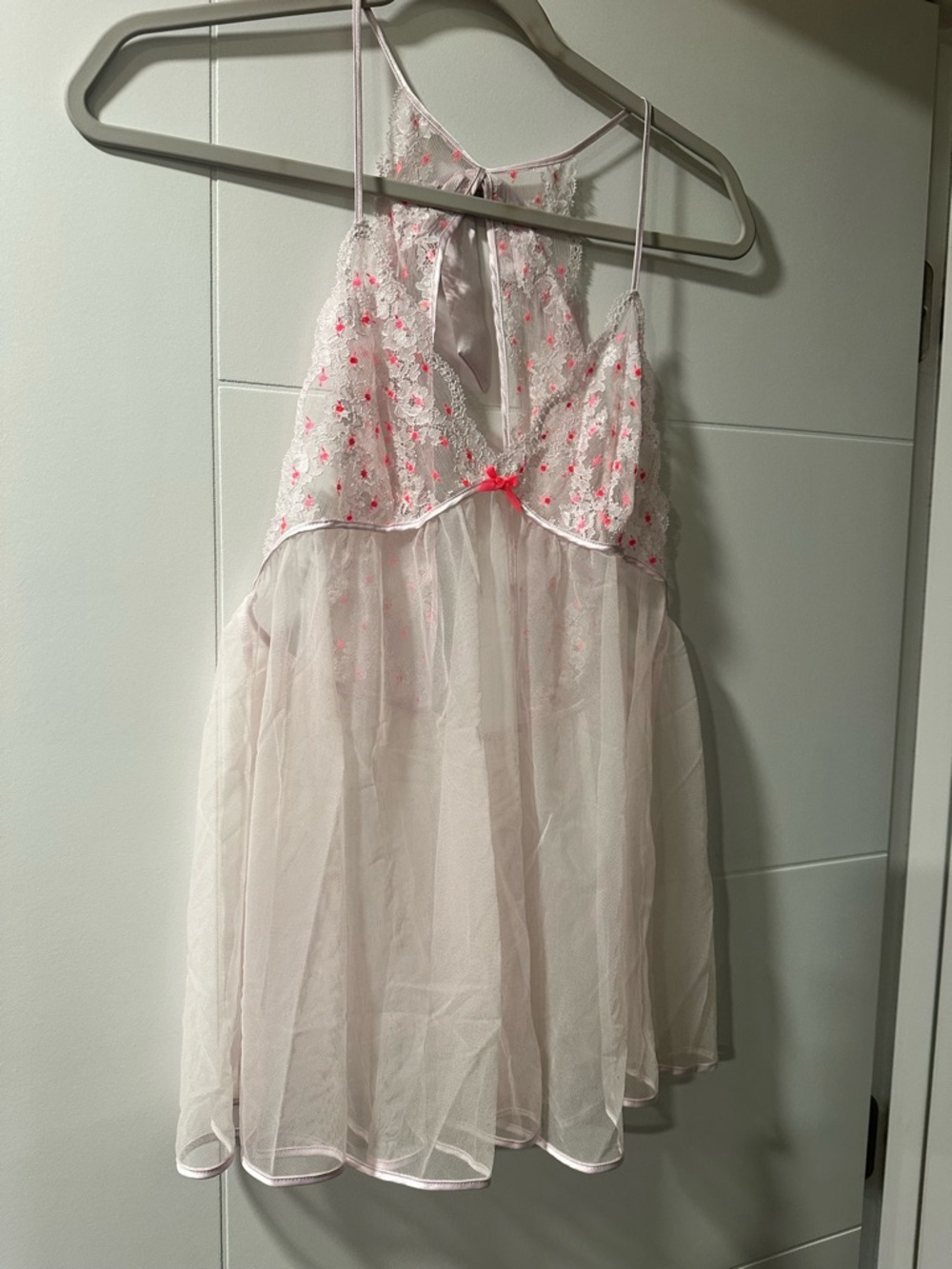 Victoria's Secret Pale Pink Sheer Lace Babydoll with Neon Pink Accents